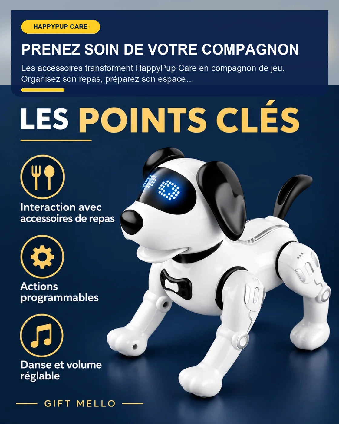 Chien robot interactif avec accessoires – HappyPup Care – fonctionnalité 4 – Gift Mello