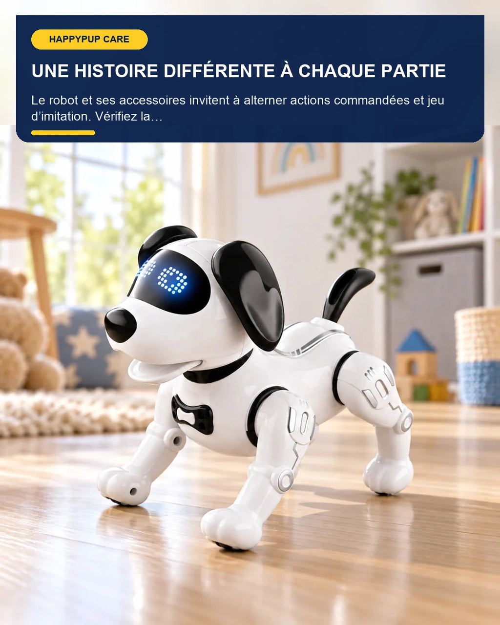 Chien robot interactif avec accessoires – HappyPup Care – fonctionnalité 5 – Gift Mello