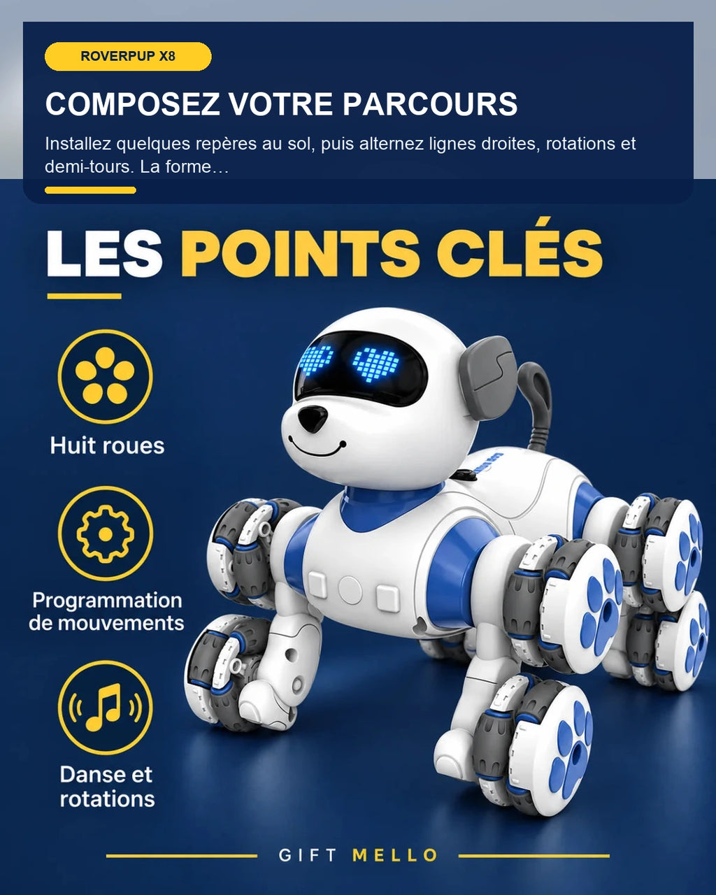 Chien robot télécommandé 8 roues – RoverPup X8 – fonctionnalité 5 – Gift Mello