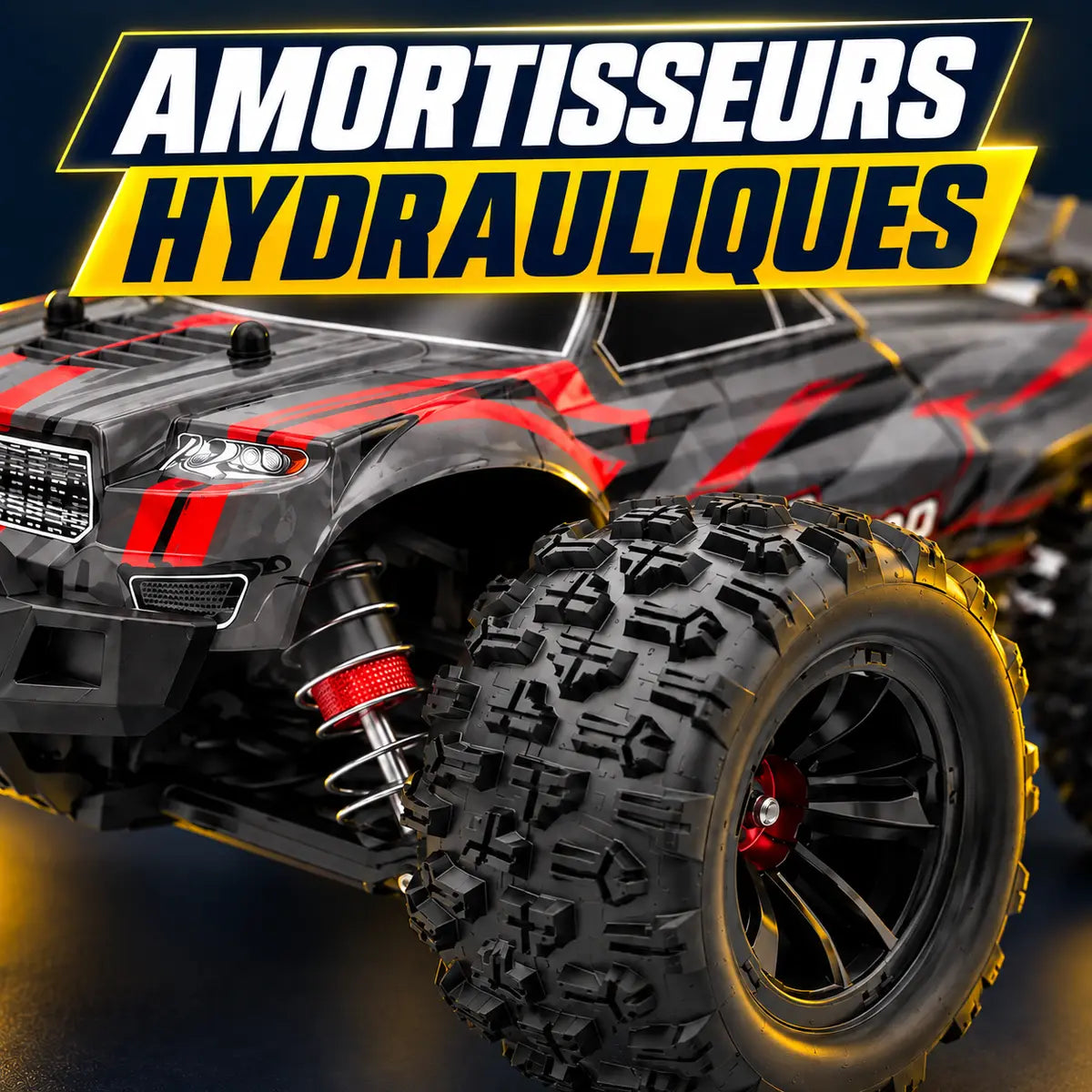 Détail des amortisseurs hydrauliques et des pneus de la Storm Runner 16