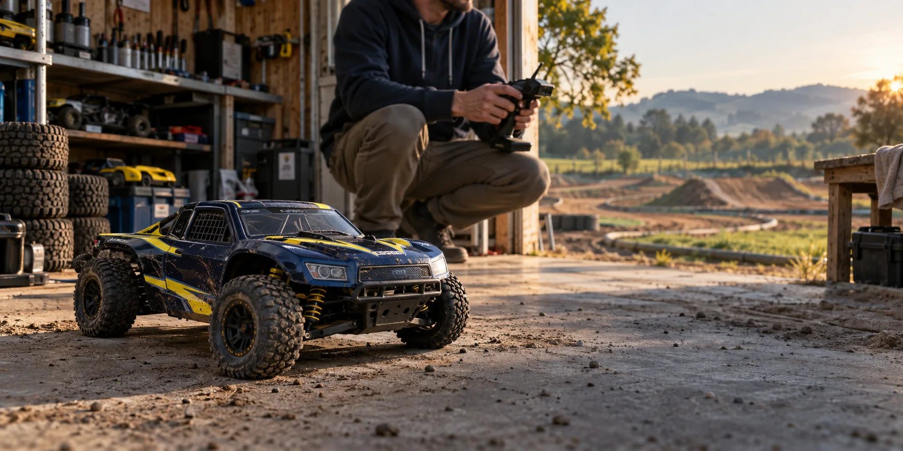 Passionné de voiture radiocommandée devant un circuit tout-terrain