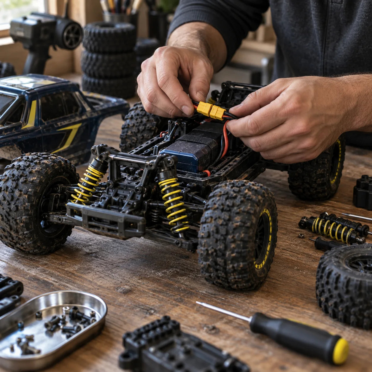 Préparation de la batterie et des suspensions d’une voiture radiocommandée
